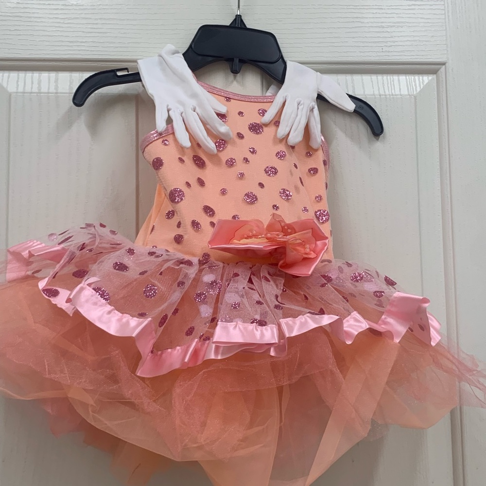 Peach Sequin Kids Dance Costume with Gloves